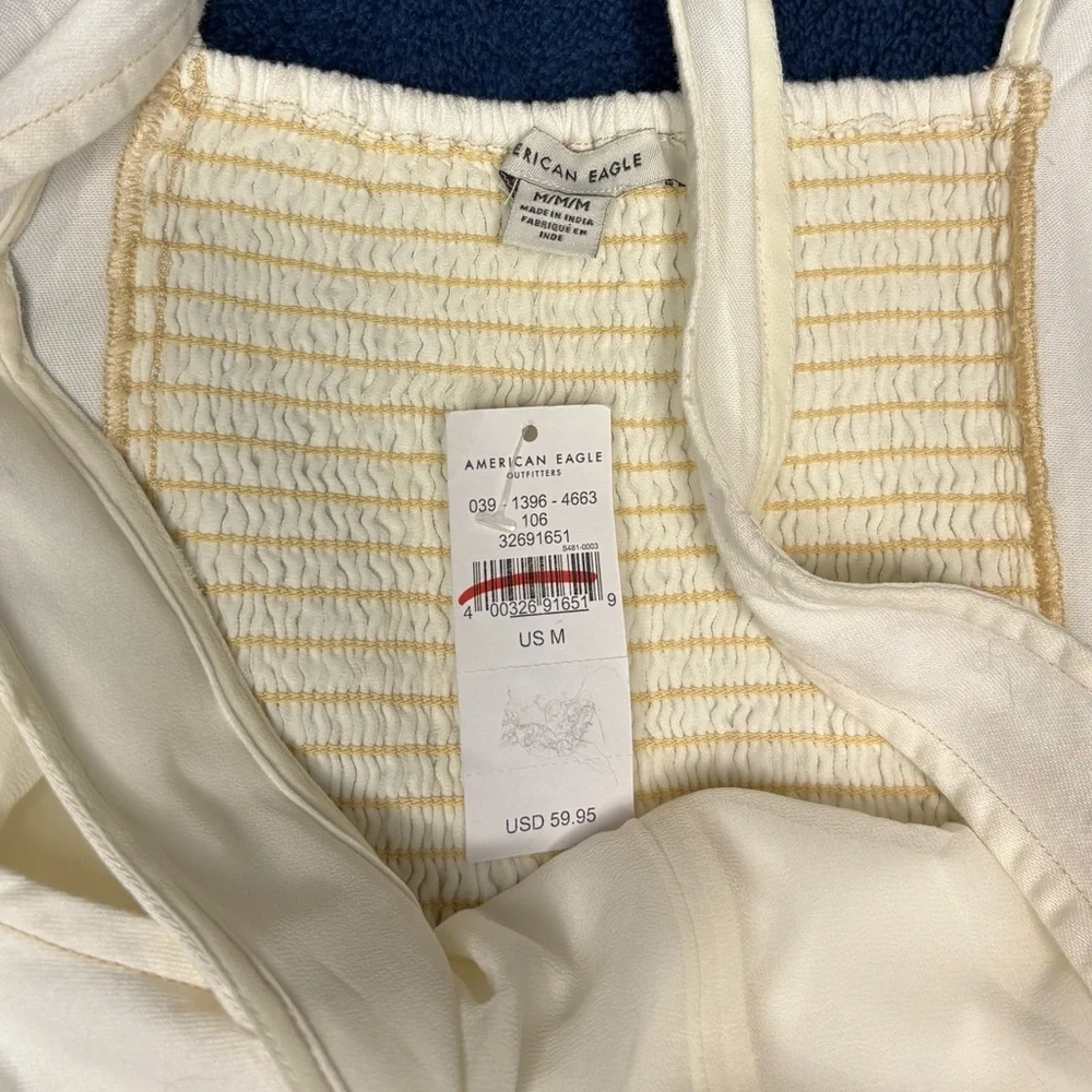 American Eagle Women White Denim Strappy Tie Belt Jumpsuit - Picture 6 of 9